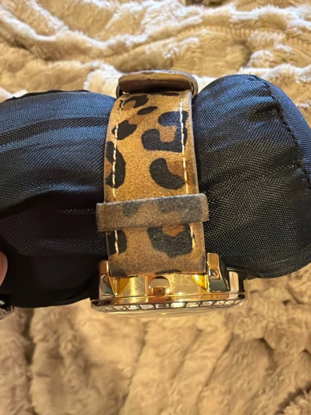 GUESS Gold-Tone Dual Dial Watch with Brown Patterned Strap